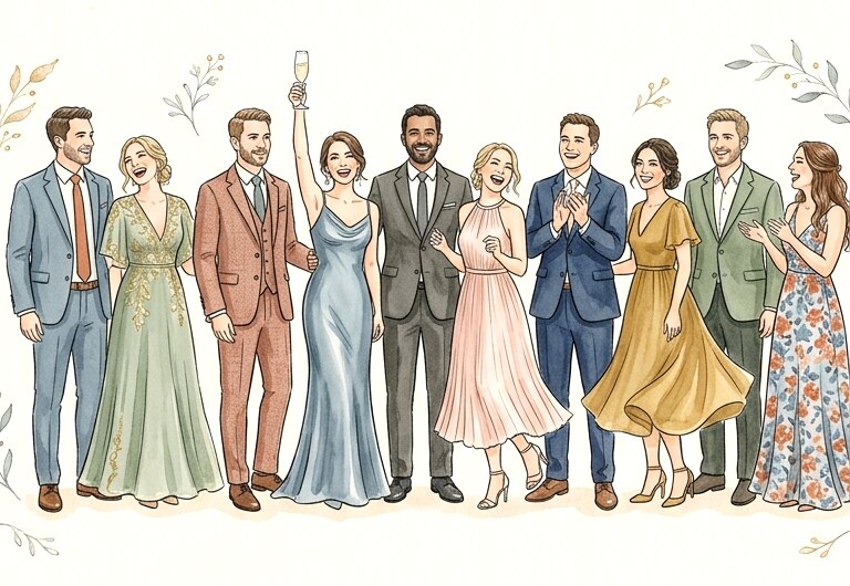 Illustration d'invités en tenues élégantes aux couleurs douces