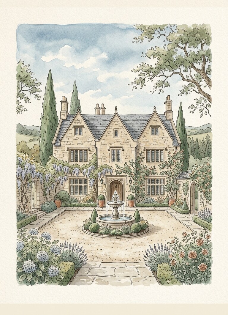 Peinture aquarelle du Manoir Bellefontaine, sa cour et sa fontaine
